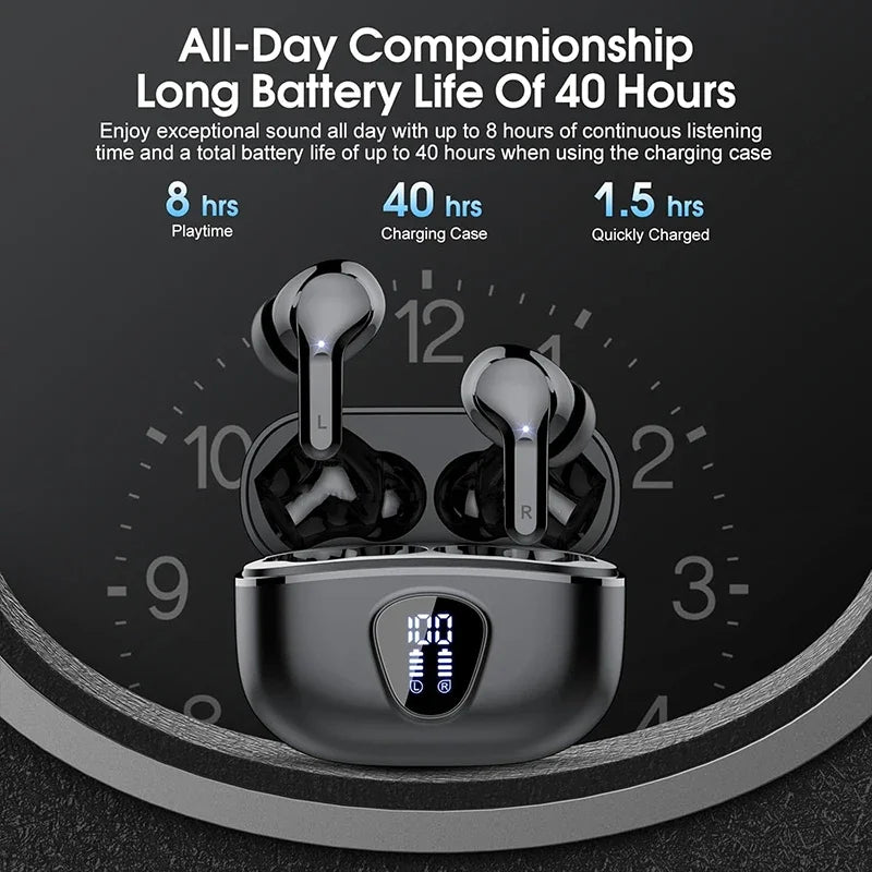 Wireless earbuds in ear wearing view