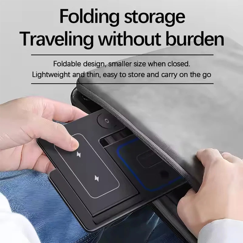 3-in-1 wireless charging station side view with phone mounted