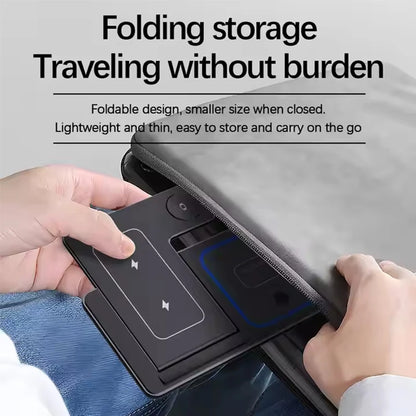 3-in-1 wireless charging station side view with phone mounted