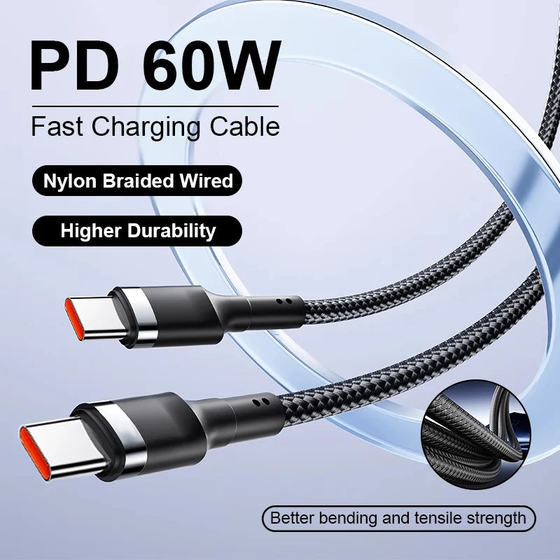 Braided USB-C 60W fast charging cable coiled