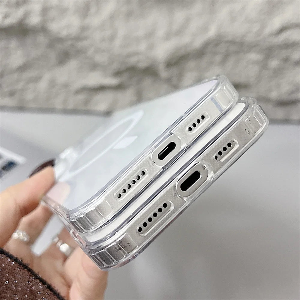 Clear magnetic phone case attached to wireless charger