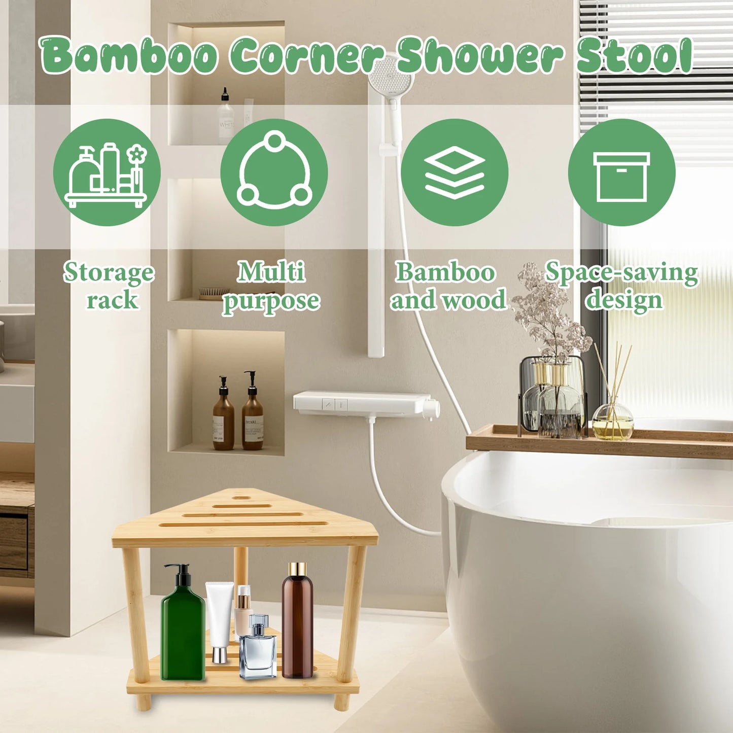 Bamboo shelf holding toiletries